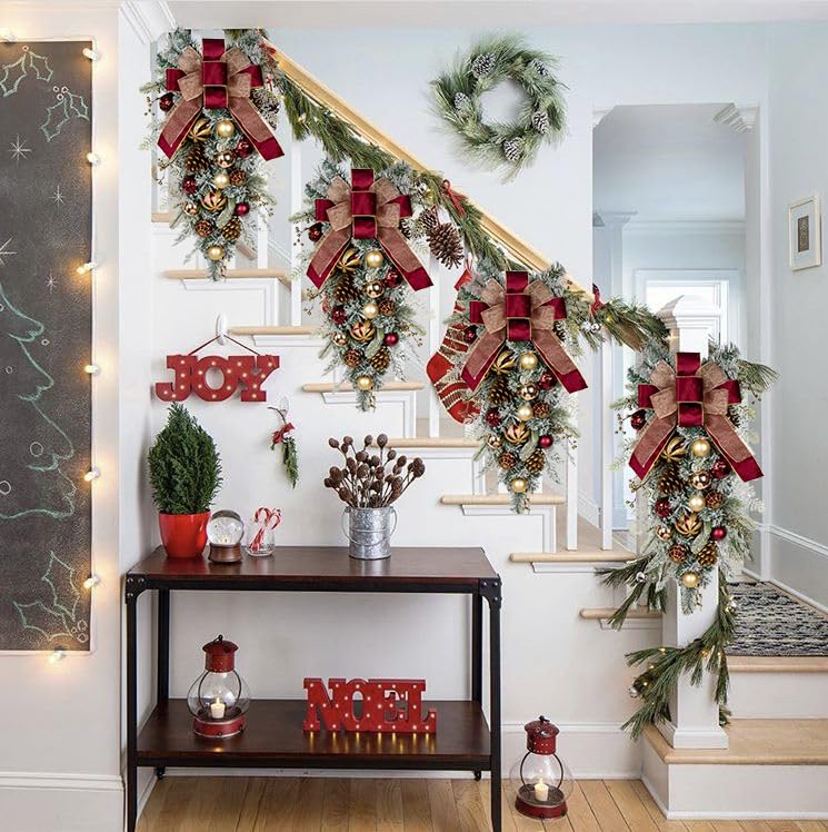 Arborus Burgundy Teardrop Swag 30" Front Door Christmas Decor with Pine Cones & Berry Clusters