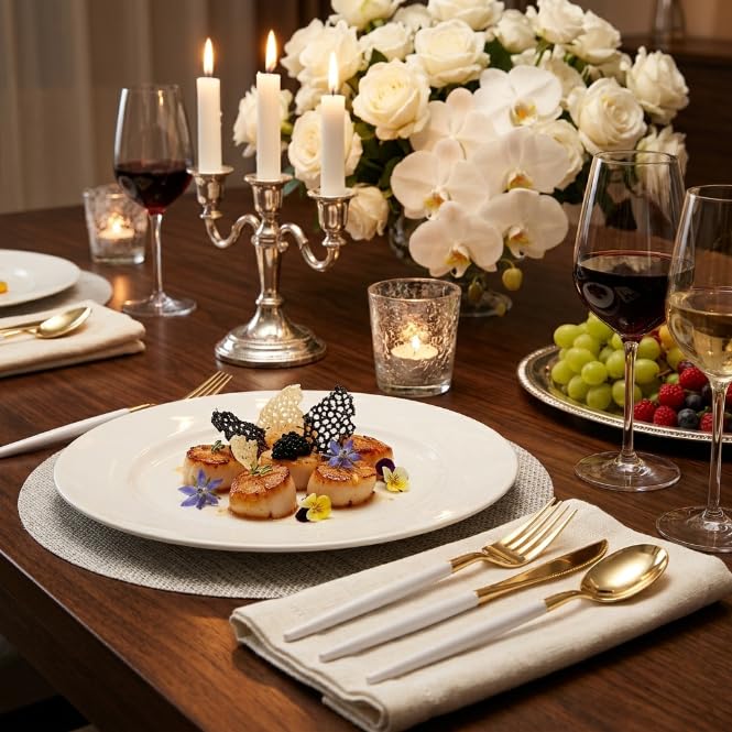 I00000 144 pcs Gold Disposable Silverware Set with White Handles, Food Grade & Durable Cutlery for Events
