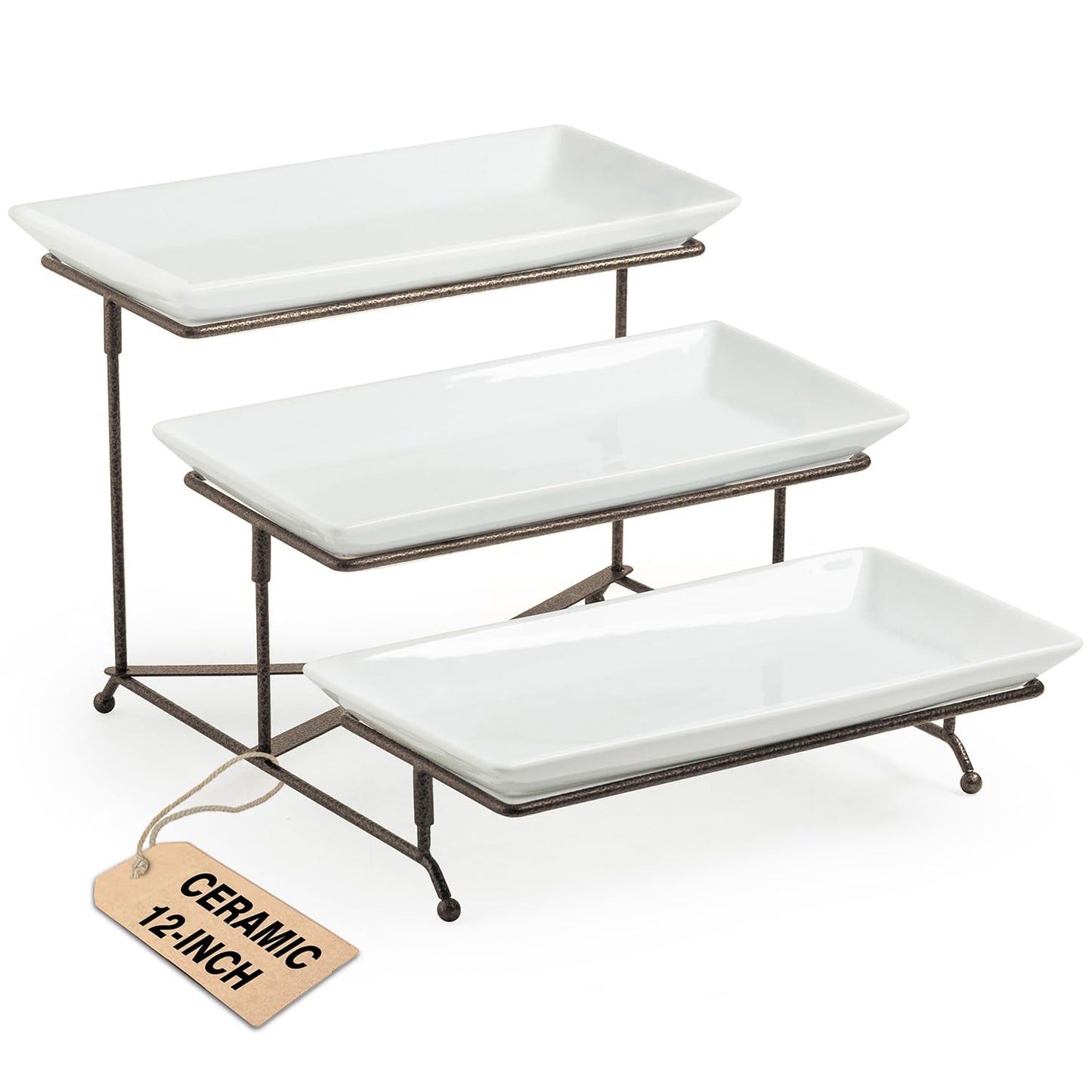 LAUCHUH 3 Tier Serving Tray for Party, Porcelain Tiered Serving Tray Stand Collapsible Sturdier Metal Rack Fruit Tray with 2 Cross Bars for Father's Day Dessert Party Display Set, 12 Inch, Bronze