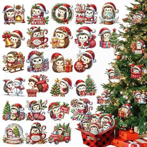 35 Pcs Hedgehog Christmas Ornaments with Rope Wooden Hanging Christmas Tree Decorations for Assorted Xmas Themed Party Decor Supplies Window Door Wreaths Decorations