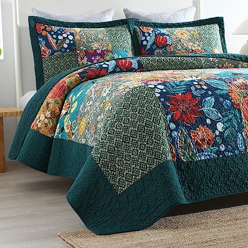 Reversible Cotton Bedspread Quilt Set - Vintage Floral Patchwork, King, Turquoise