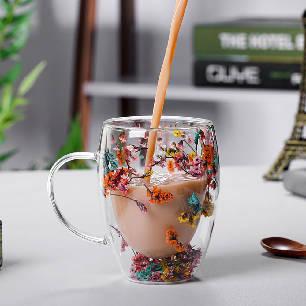 Myhiju Flower Double Wall Clear Glass Coffee Mugs Creative Clear Glass Cups with Handle Flowers Double Insulated Glass Cup for Hot Cold Beverages Cappuccino Latte, Espresso Juice Glass Coffee Cups