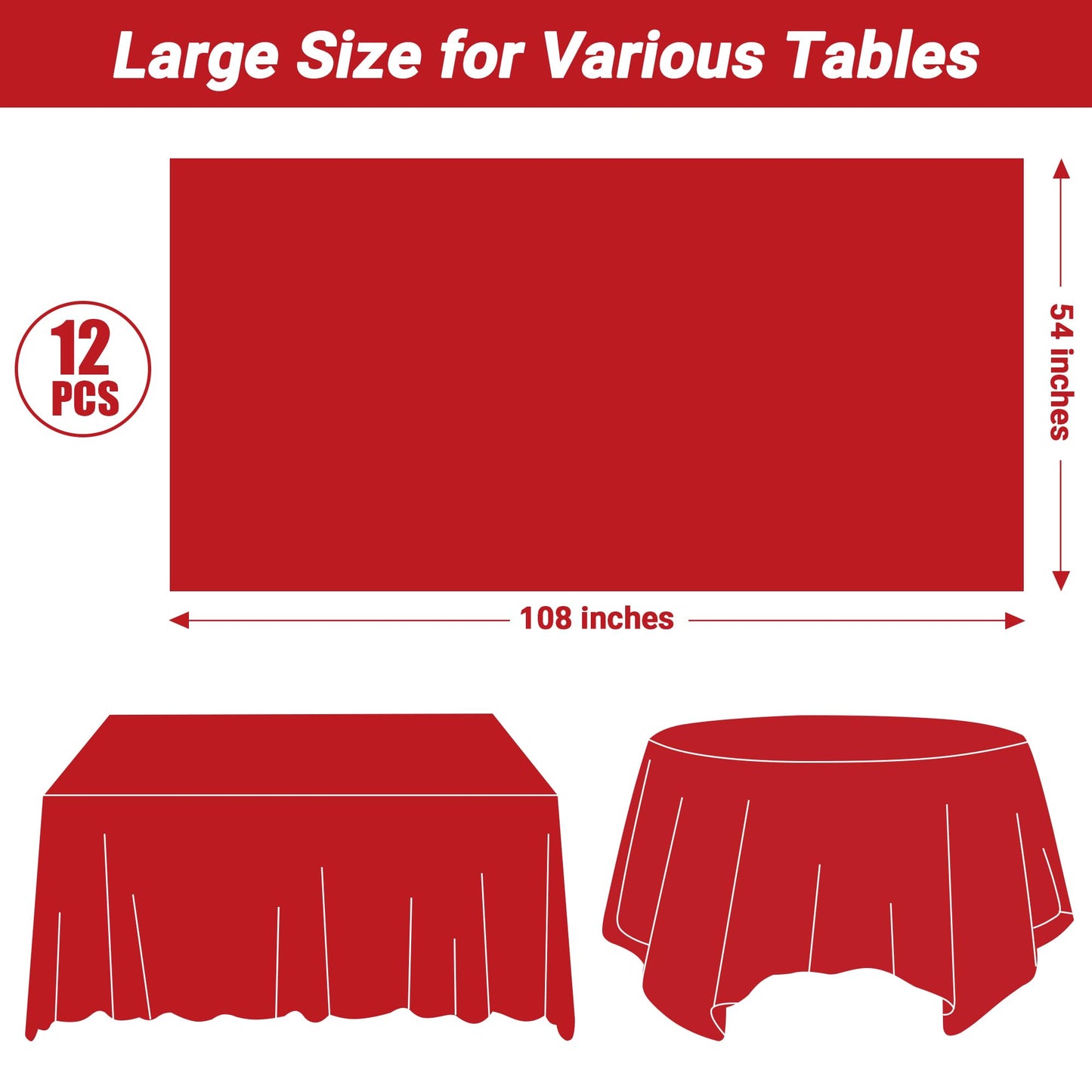 12 PCS Red Disposable Plastic Tablecloth, Party Red Plastic Table Cloth Disposable, Waterproof Smooth Table Cover, 54 X 108 IN Table Cloth Rectangle Table for Outdoor Events Birthdays Weddings Picnics