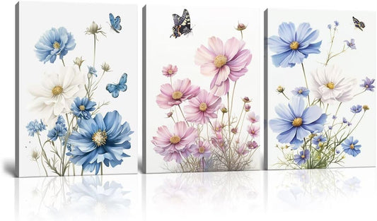 Flower Canvas Wall Art Colorful Floral Picture for Bathroom Watercolor Blue Yellow Pink Wildflower Wall Decor Nature Scenery with Butterfly Painting Framed Artwork (16" W x 24" H x 3 Panels)