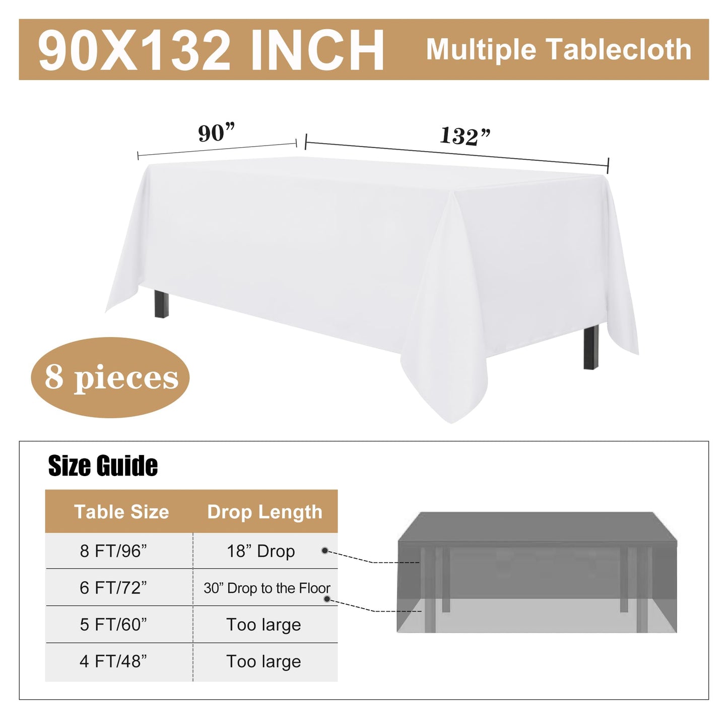 sancua 8 Pack White Tablecloth 90 x 132 Inch - Rectangle Table Cloth for 6 Feet Tables Stain and Wrinkle Resistant Washable Polyester Table Cover for Dining Wedding Banquet Party Buffet Restaurant