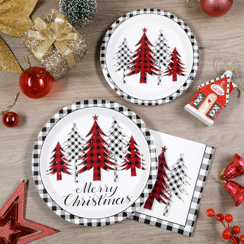 Homlouue 200Pcs Christmas Dinnerware Set — Red & White Tree & Plaid Plates + Napkins (50 Guests) Black & White Variant