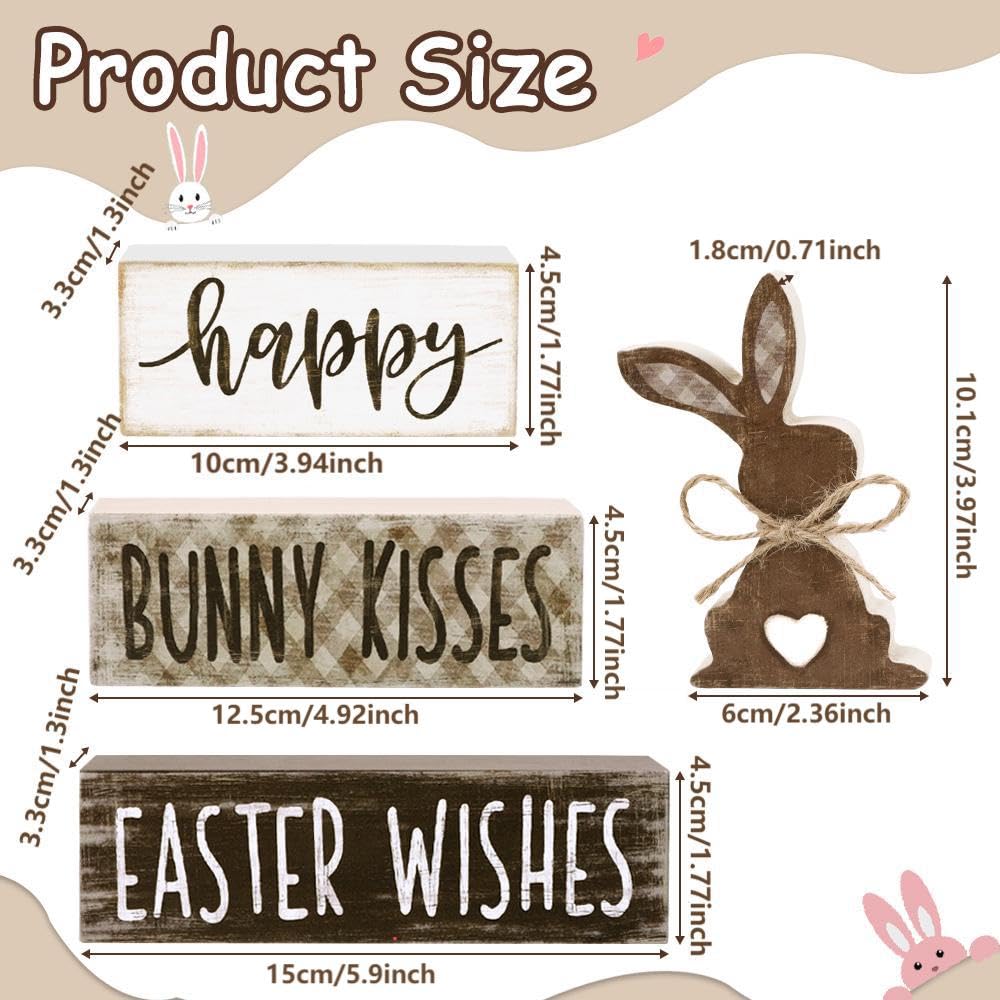DIYDEC 4Pcs Easter Tabletop Decorations Bunny Wooden Block Signs Gift Rustic Tiered Tray Decor Happy Easter Centerpiece Farmhouse Wood Rabbit Table Sign for Kitchen Home Office Party Decor