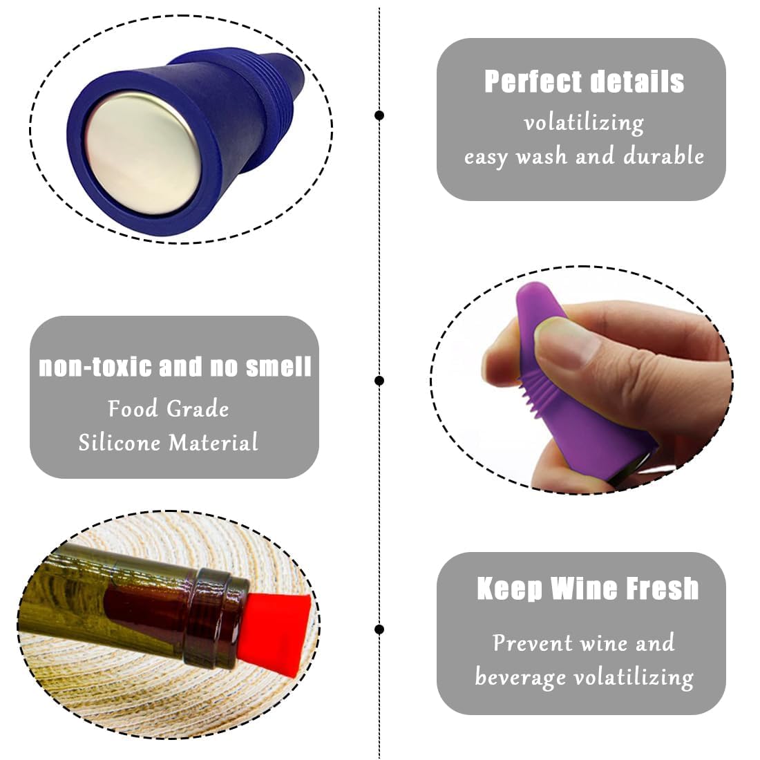 Wine Stoppers – 6 Pack Silicone Wine Bottle Stoppers with Grip Top, Reusable Beverage Sealer Corks for Keeping Wine and Champagne Fresh