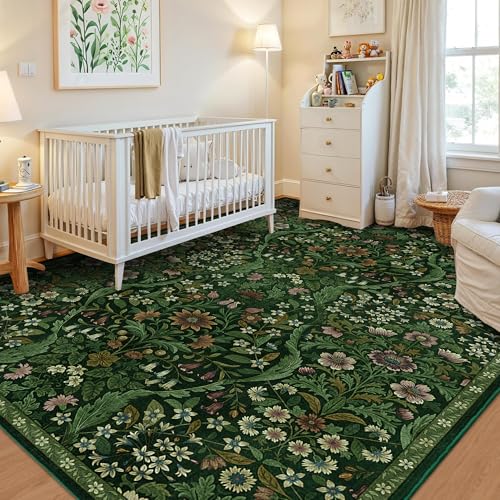 Dark Green 5x7 Botanical Floral Washable Area Rug for Living Room & Home