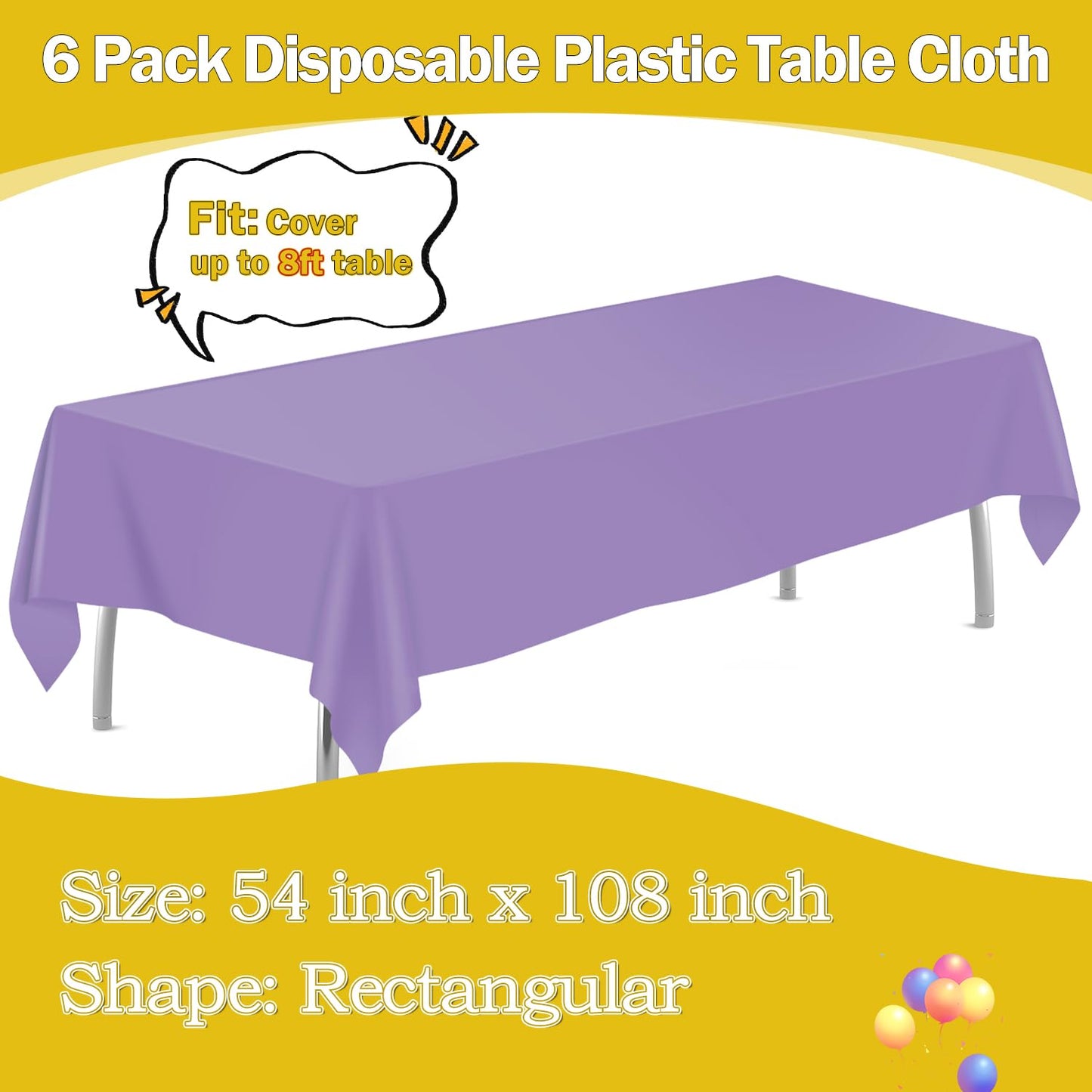 tujol Lavender 6 Pack Plastic Table Cloth 54" x 108", Disposable Tablecloths Rectangle Table Cover, Plastic Tablecloths for Parties