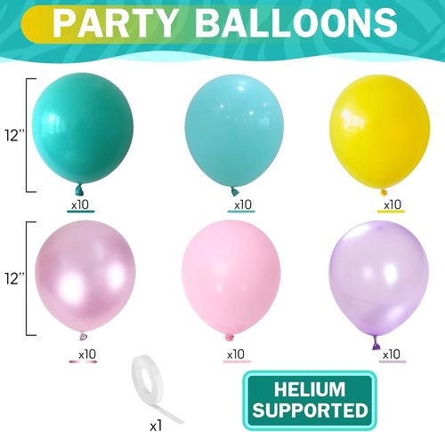 HILAVO Pastel Balloons - 60 Pcs Metallic Pink, Purple, Teal & Blue Latex Balloons for Birthday & Wedding Decor