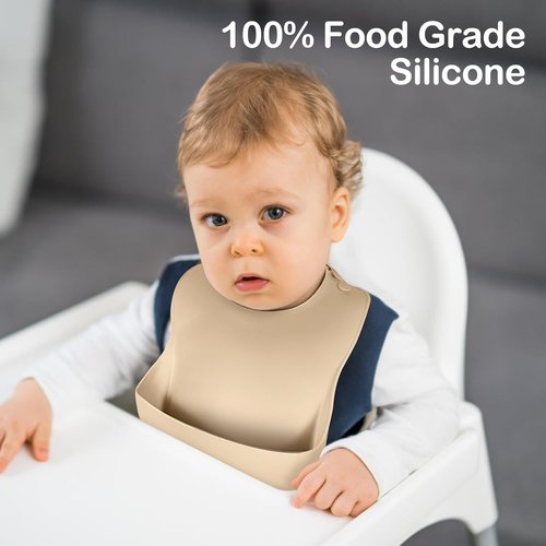 Eascrozn Silicone Bibs - Set of 3 Soft, Adjustable, BPA-Free Waterproof Feeding Bibs for Babies