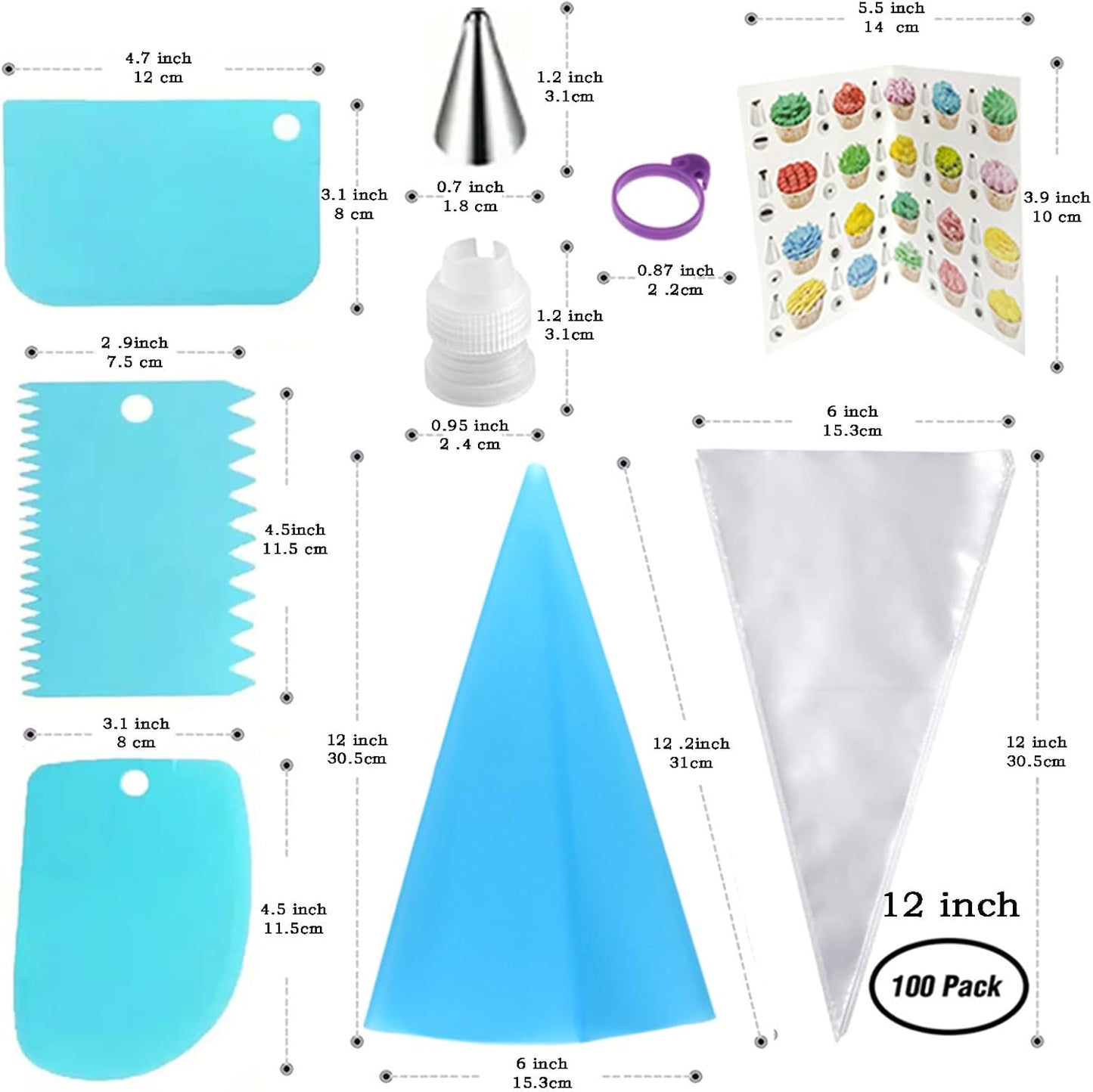 Skiennix 100PCS Piping Bags and Tips Set - 12 Inch Disposable Pastry Bags for Cake Decorating & Cookie Icing