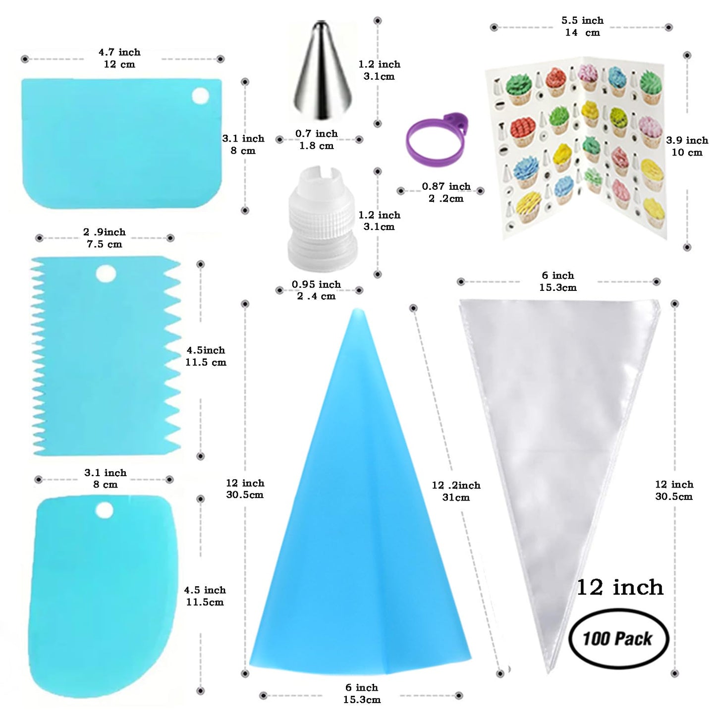 14 Inch Piping Bags and Tips Set - 100Pcs Disposable Pastry Bags with Tips for Cupcakes, Cookies, Frosting & Icing, Cake Decorating Tools with Frosting Nozzles Baking Supplies for Home, Kitchen Use