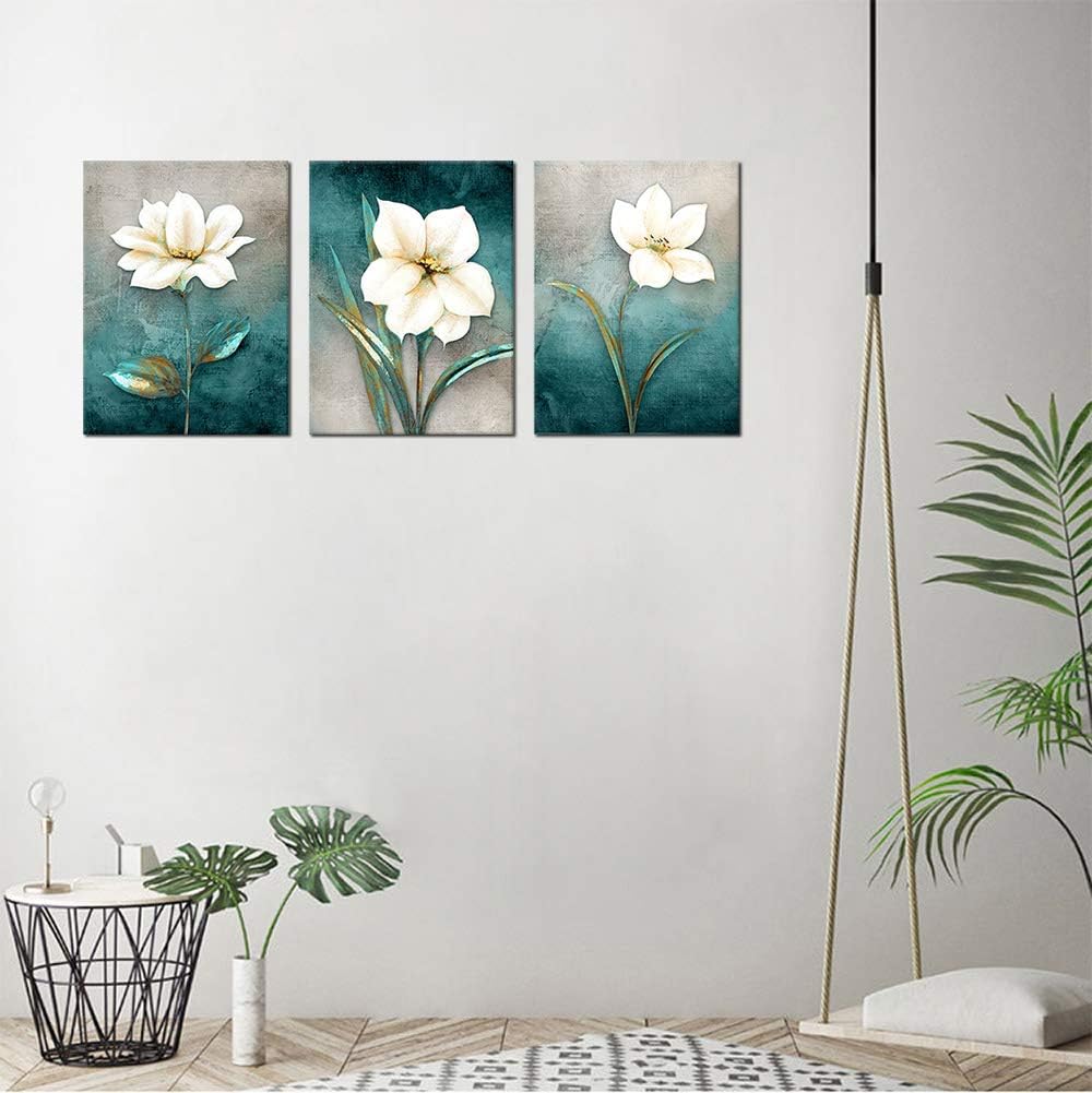 Flower Canvas Wall Art Cream White Floral Wall Decor Turquoise Tealish Grey Background Canvas Picture Modern Rustic Artwork Bathroom Bedroom Living Room Home Office Decoration 16" x 24" x 3 Pieces