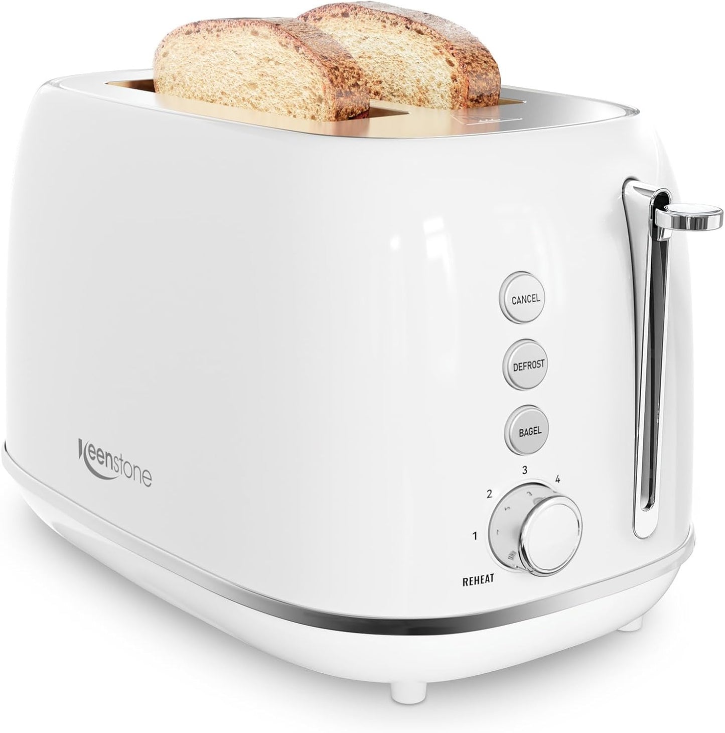 Keenstone 2-Slice Stainless Steel Toaster - Retro Design with 6 Browning Levels & Removable Crumb Tray | White