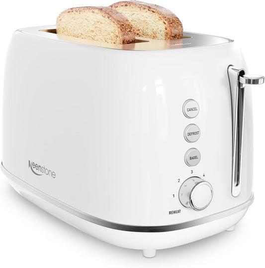 Keenstone 2-Slice Stainless Steel Toaster - Retro Design with 6 Browning Levels & Removable Crumb Tray | White
