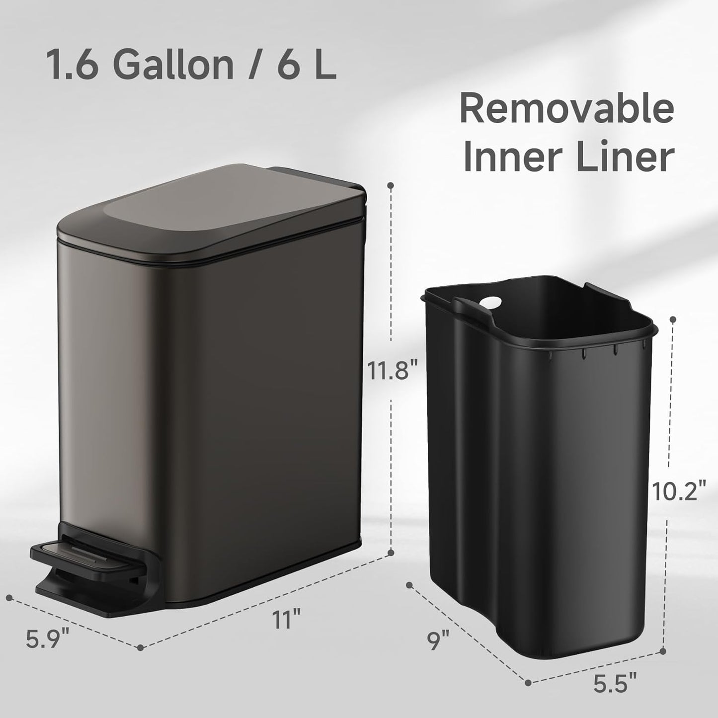 TIPGO Slim Bathroom Trash Can - Soft Close Lid, 6L Stainless Steel with Removable Inner Bucket | Black Gold