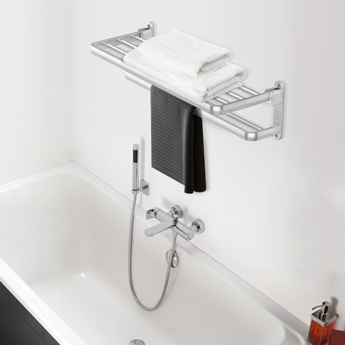 BOZWELL Bathroom Lavatory Towel Rack with Two Towel Bars,Brushed Satin Nickel 20-Inch Towel Shelf with Towel Bar,Towel Holder 1011-BSN-50 (Brushed Satin Nickel Finish)