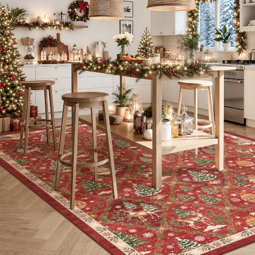 Christmas 8x10 Area Rugs for Living Room, Red Washable Xmas Bedroom