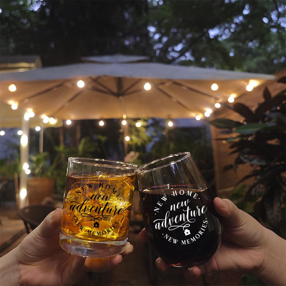 Vagafilla New Home New Adventure New Memories Stemless Wine & Whiskey Glass Gift Set 15oz, Funny Housewarming Gift for New Homeowner Hostess Realtor Clients Friends Bride Parent Groom Wine Lover-2