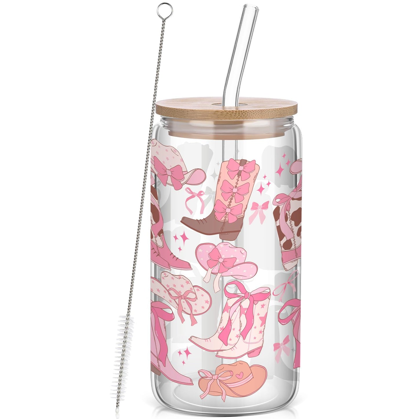Yetene Coquette Bow Aesthetic Cup 16oz Cowgirl Glass Cup with Lid and Straw Pink Bow Tumbler Cowgirl Gifts for Women Girls Friend Sister Girlfriend