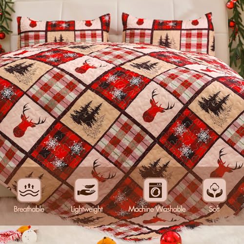 ROMROL Christmas Quilt Set Queen Size Red Bedding with Reindeer & Snowflake Pattern - Elk Variant