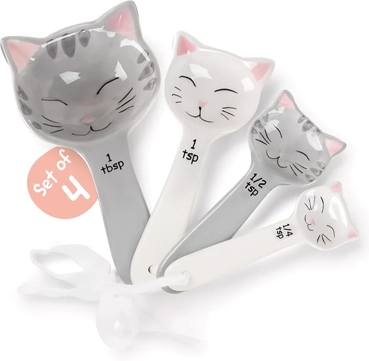 Cat Shaped Ceramic Measuring Spoons Set of 4 - Perfect Gift for Cat Lovers - Functional Kitchen Decor in White & Gray