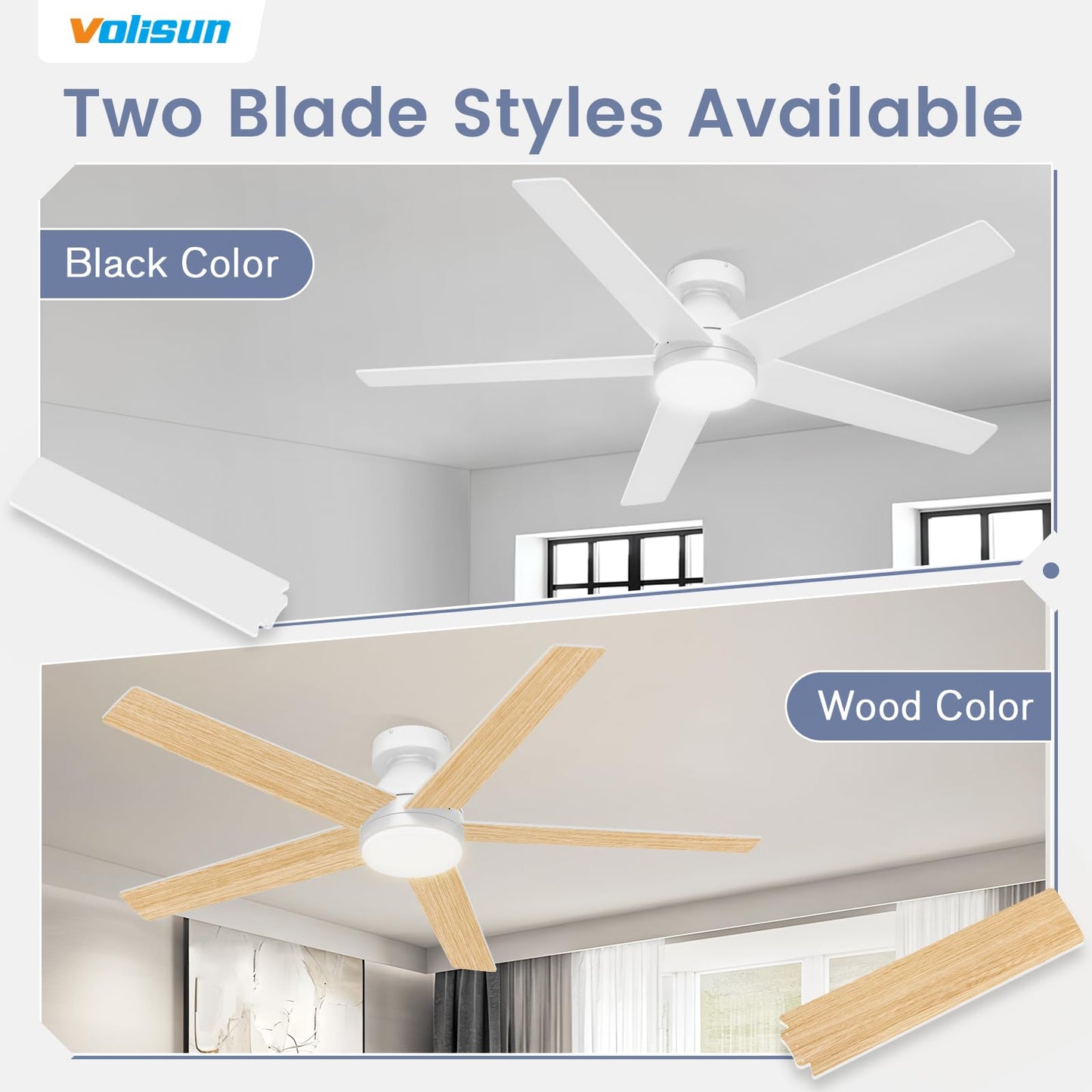 VOLISUN Ceiling Fan with Lights and Remote, 42 inch Low Profile Ceiling Fan with Light, Reversible, 3CCT, Dimmable, Noiseless, White Flush Mount Ceilings Fans for Bedroom, Indoor/Outdoor