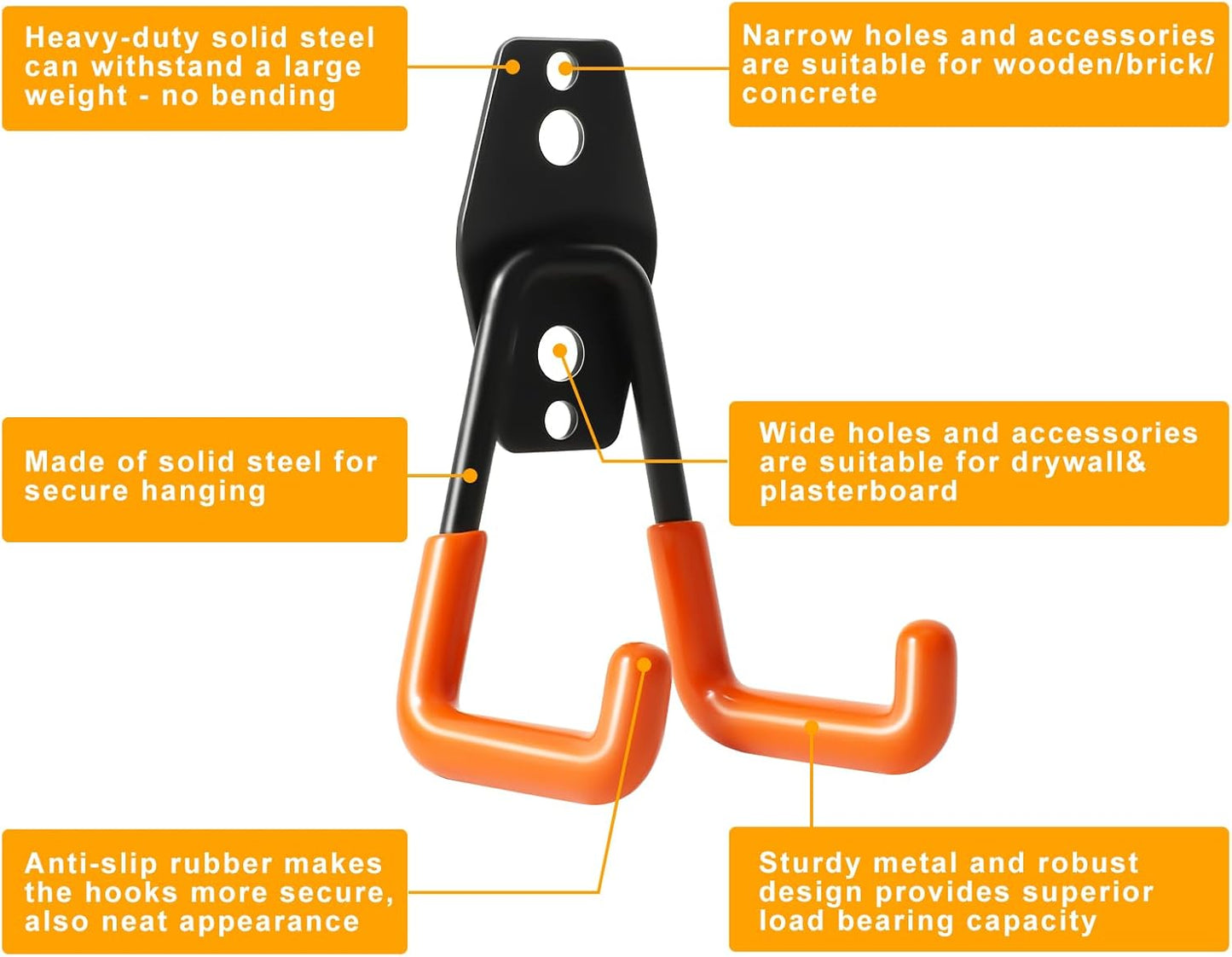 KURUI Heavy Duty Wall Hooks - 2 Pack Metal Garage Tool Organizer for Ladders, Hoses & More