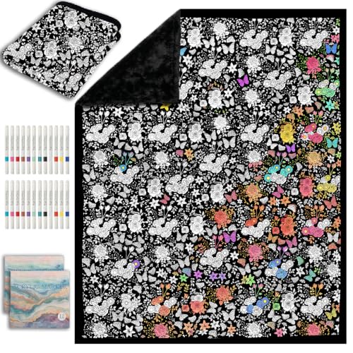 ZHOYIMIMI DIY Cozy Coloring Blanket with 24 Markers - Flower Variation, Personalizable Art Blanket for Kids & Adults