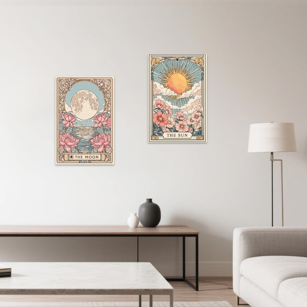 SWQYLB Celestial Sun Moon Wall Art Set - Floral Tarot Canvas Prints for Bedroom Decor (12"x16"x2)