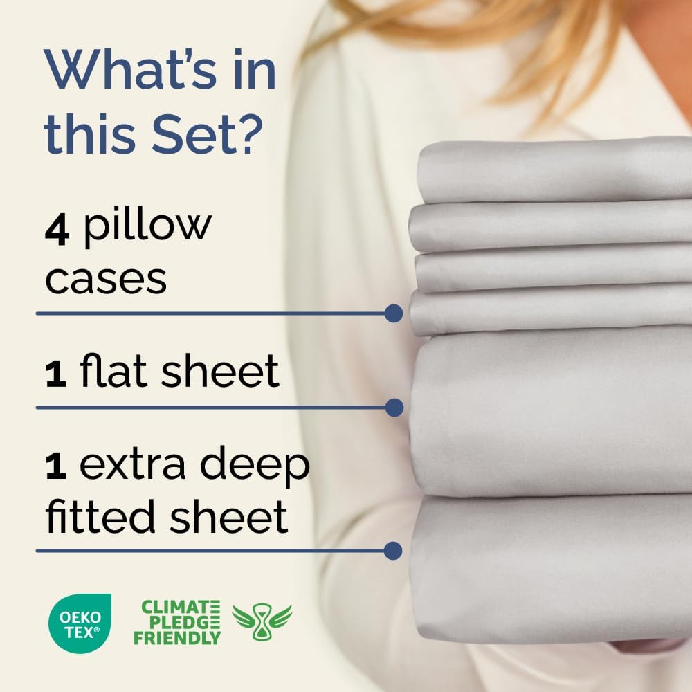 Skiennix Extra Deep King Sheet Set - 6-Piece Breathable Cooling Bedding - Soft, Wrinkle-Free French Grey