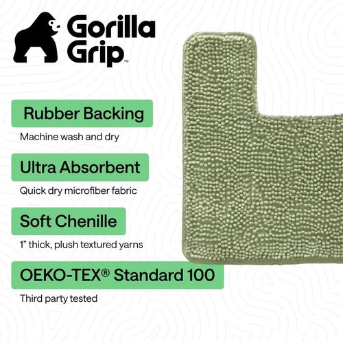 GORILLA GRIP Plush Chenille Bath Rug Mat - Soft, Absorbent & Machine Washable | Sage Color for Square Toilet Base