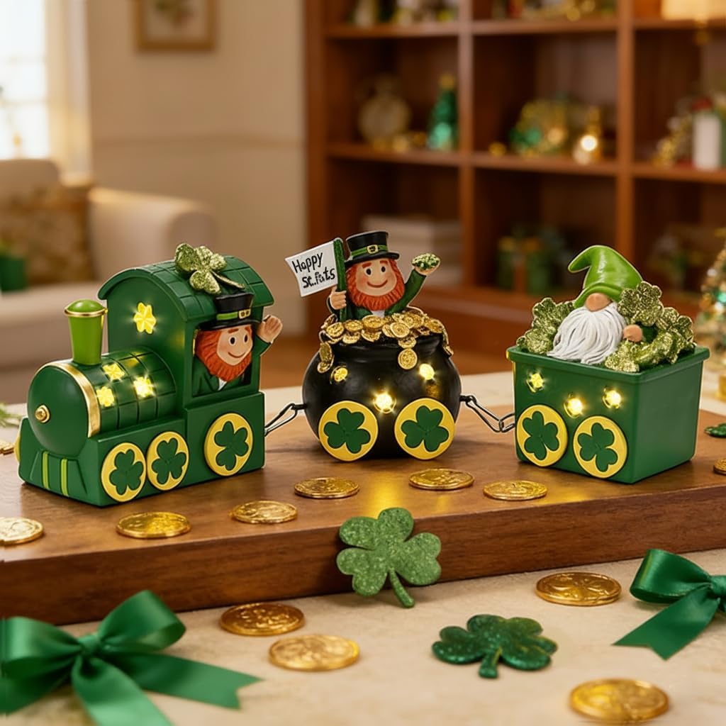 Skiennix St. Patrick's Day Decorations - Lighted Leprechaun Train Centerpiece for Home & Dining Room