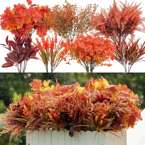 Artificial Fall Flowers Outdoor Set - Orange Red Maple & Mums, 24pcs Faux Autumn Plants for Garden & Patio