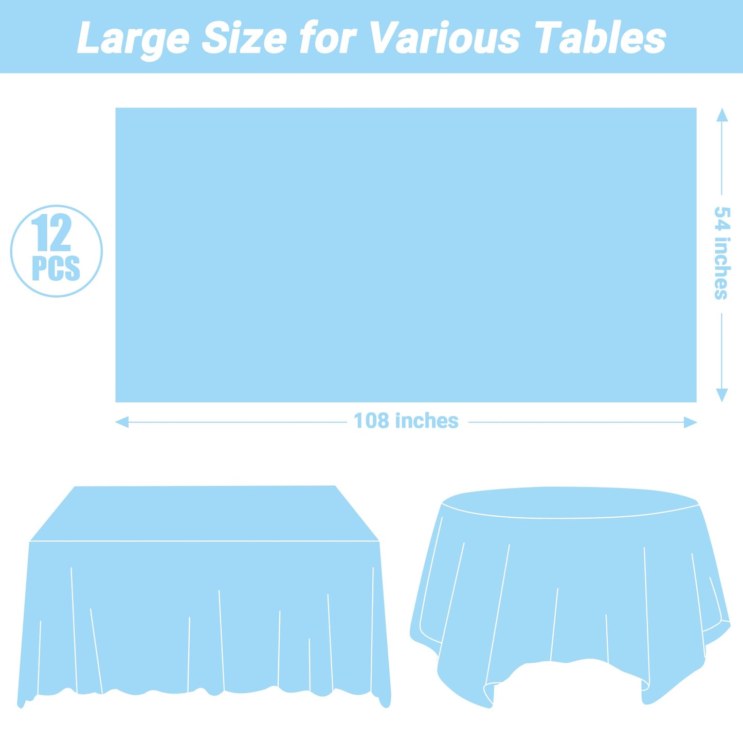 QZYL 12 PCS SkyBlue Plastic Tablecloths, 54 in x 108 in Dinner Table Cloths, Rectangle Table Cover for Birthday Party Family Gathering Wedding