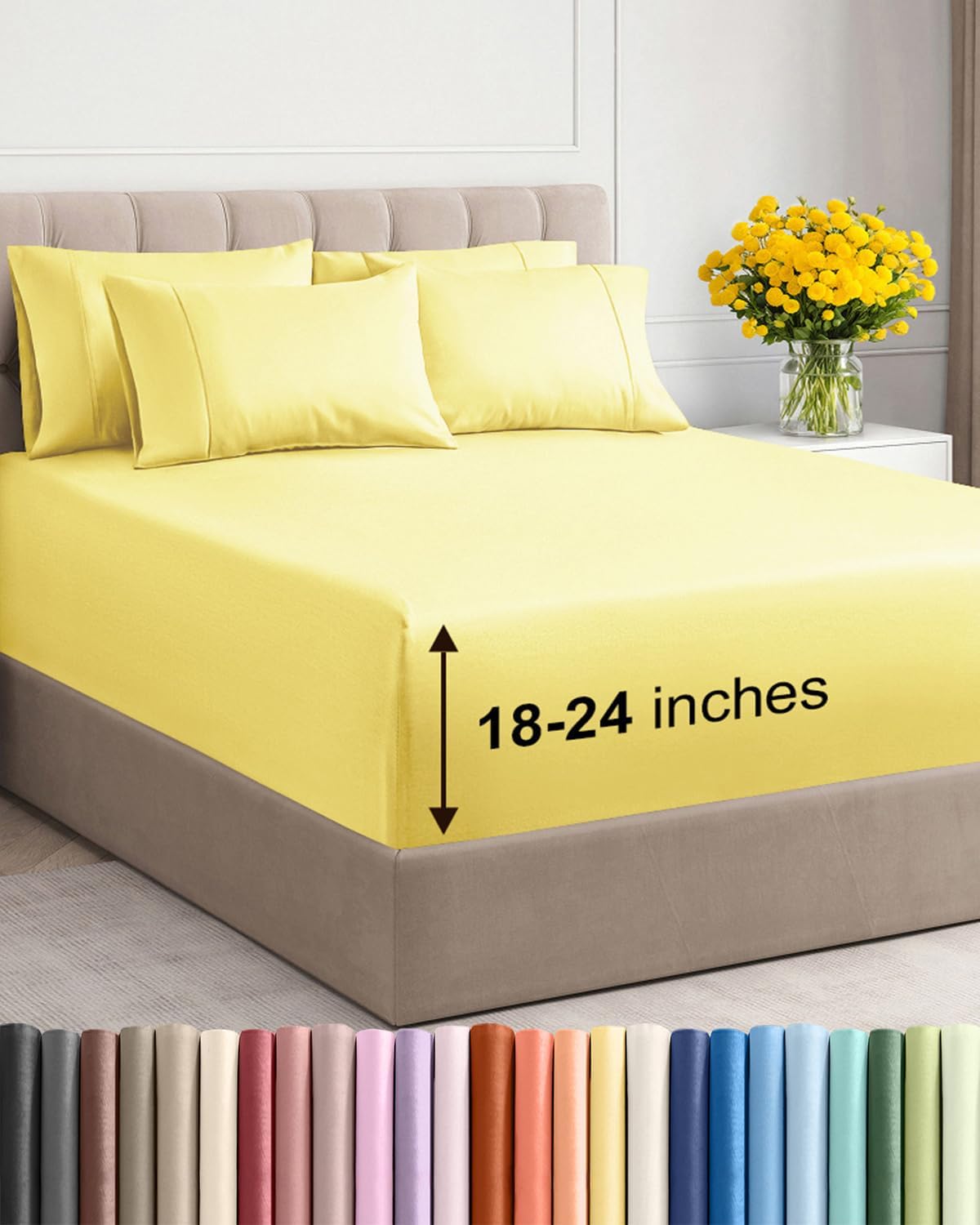 Skiennix Extra Deep Cal King Sheet Set - 6 Piece Breathable Cooling Bedding - Soft Wrinkle-Free Yellow