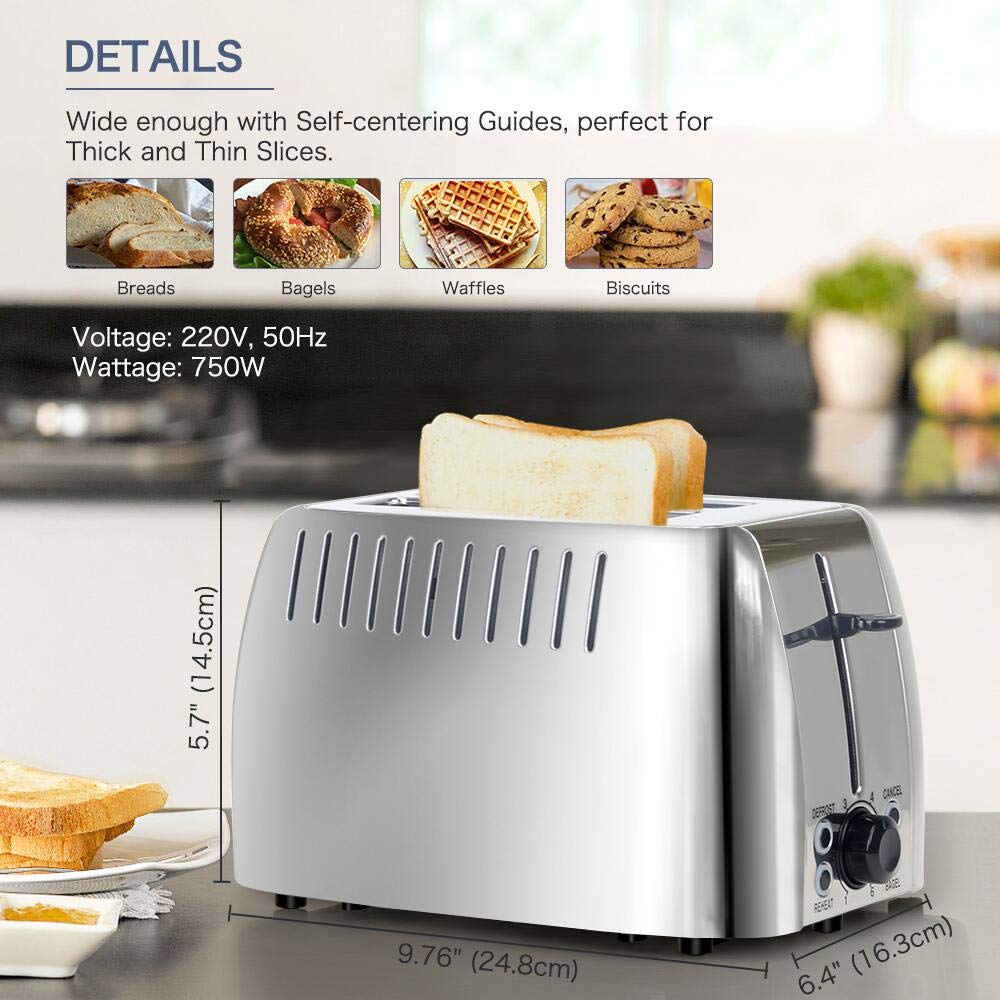 prepAmeal Toaster 2 Slice Stainless Steel Bagel Toaster Extra Wide Slots with 6 Browning Setting, Bagel/Reheat/Defrost/Cancel Function for Toasting Bread, Bagels and Waffles, 750W, Silver