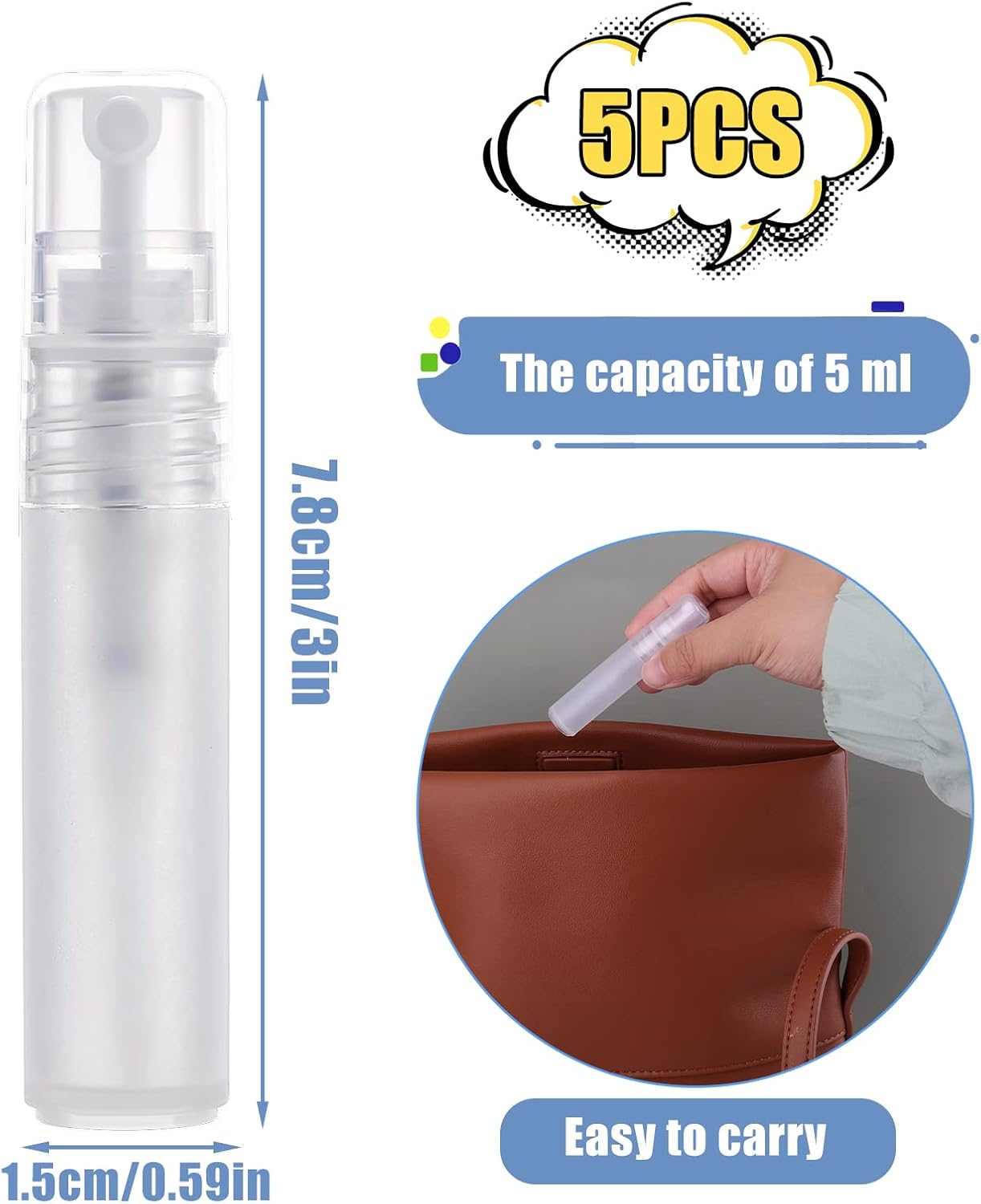 KINBOM Refillable Perfume Atomizers - 5pcs Travel Spray Bottles for Hair, Face & Plants (5ml)