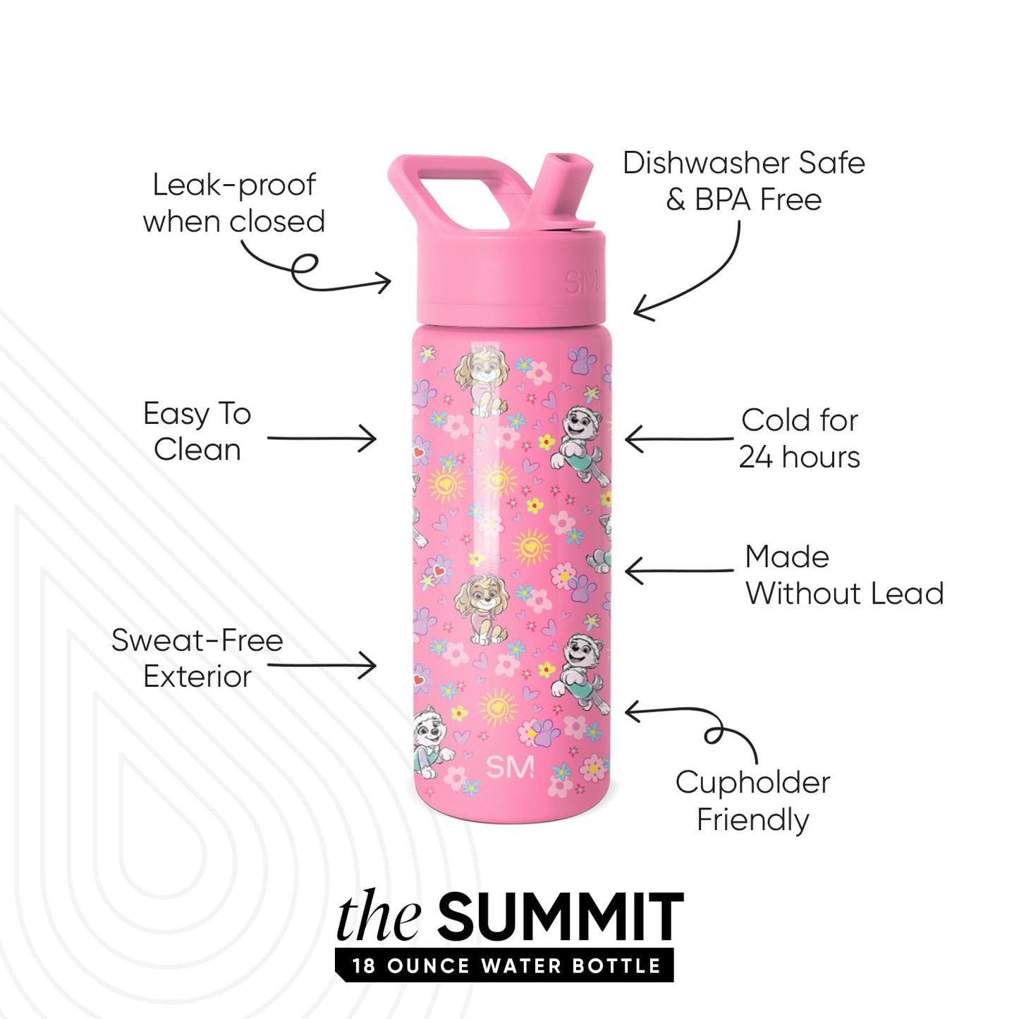 Simple Modern Paw Patrol Kids Summit Water Bottle with Straw Lid | 18oz Stainless Steel Cup Insulated Tumbler for Toddlers, School | Sunny Florals