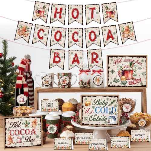 Hot Coco Bar Decor Supplies Include Christmas Gingerbread Hot Coco Bar Banner Gingerbread Man Baby It's Cold Outside Sign Toppings Tent Cards Cup Tags Stickers for Christmas Winter Baby Shower