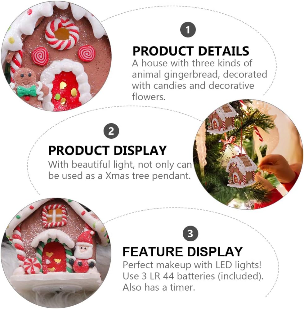 Toyvian Gingerbread House Ornaments - LED Christmas Village Decor with Santa & Snowman Figures | 3 Pcs