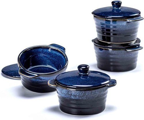 Henten Home Ceramic Ramekins - 8 oz Mini Cocotte Set of 4 with Lid & Handle | Deep Blue Casserole Dishes