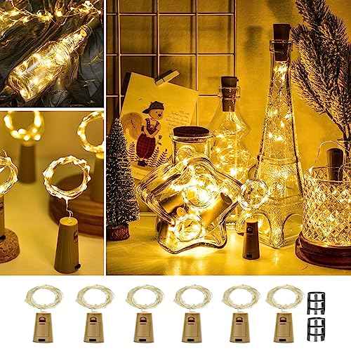 Wine Bottle Lights with Cork, 6 Pack Mini Fairy String Lights Battery Operated with 6 Replacement Batteries, Party Decoration for Wedding Christmas Halloween Bar Mason Jar - Warm White