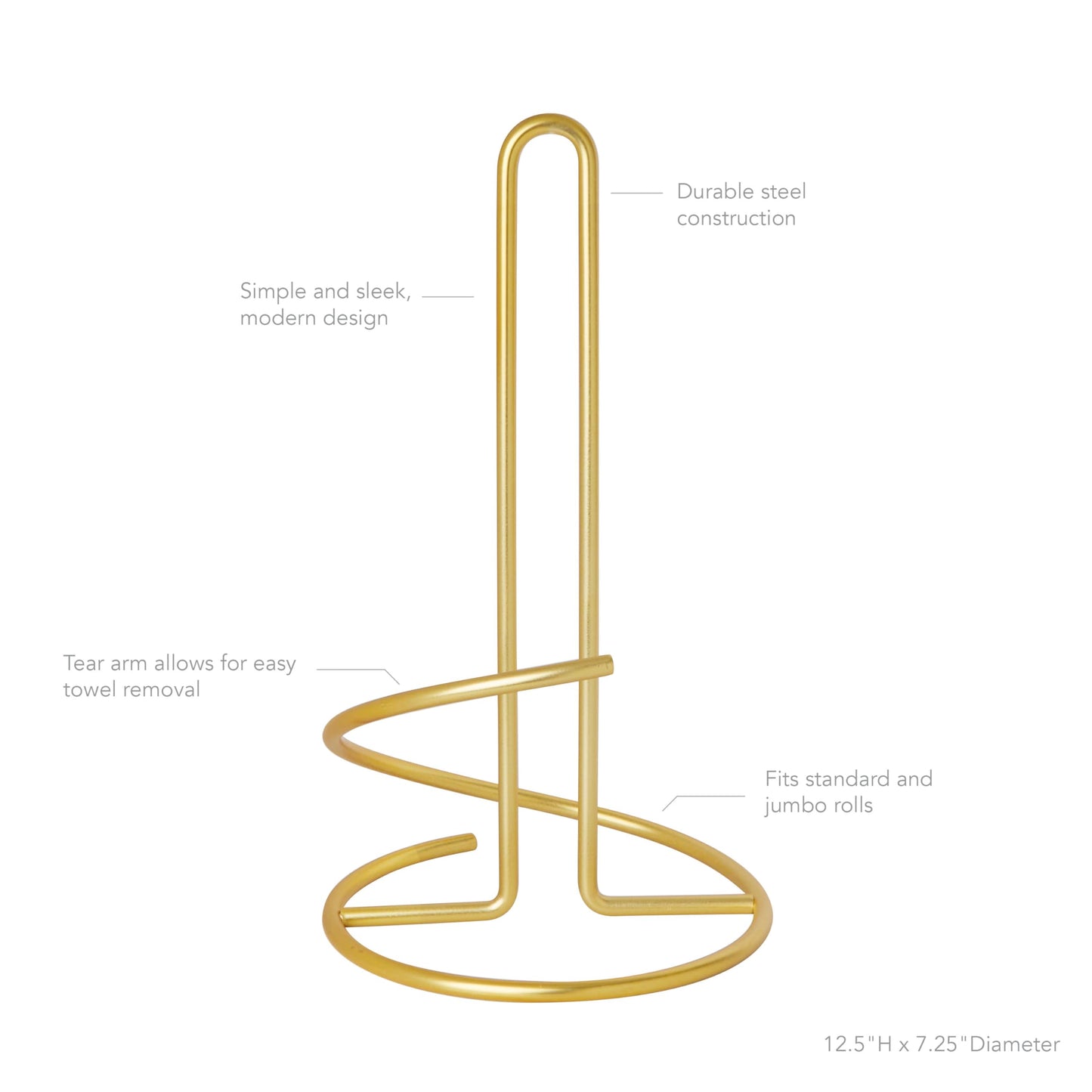 Spectrum Euro Gold Paper Towel Holder Countertop Kitchen Organizer Roll Stand Dispenser with Easy Tear Arm, Weighted Sturdy Base Fits Standard Jumbo Rolls Modern Design Durable Construction