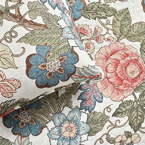Leaf Print Reversible Cotton Quilt Set King - Blue & Green Floral Bedding