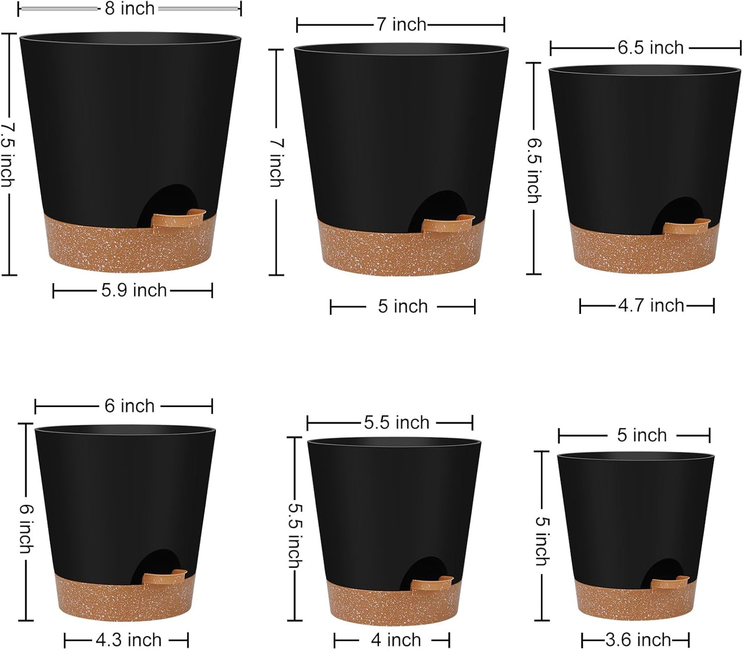 YNNICO Indoor Self-Watering Planters - Drainage Holes & Saucers | Set of 6 Pots in Black (5-8 Inches)