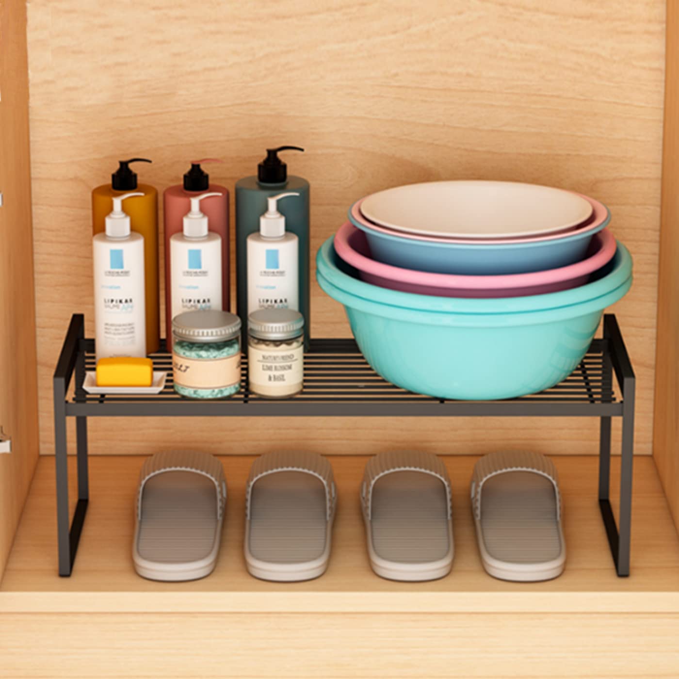 DearyHome Cabinet Shelf, 20" Kitchen Counter Shelf, Metal Wire Stackable Cupboard Spice Rack, Space Saving Countertop Orgainzer and Storage Rack Shelves for Kitchen Pantry Bathroom