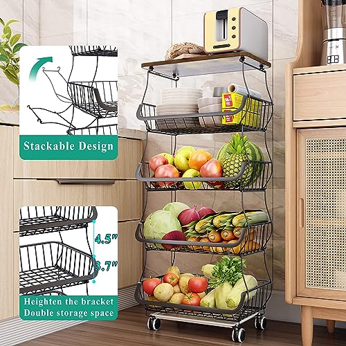 5-Tier Fruit and Vegetable Basket Stand with Wooden Top - Black, SAYZH